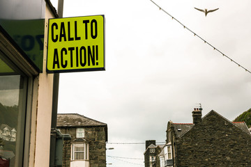 Naklejka premium Writing note showing Call To Action. Business concept for exhortation do something in order achieve aim with problem Green ad board on the street with copy space for advertisement