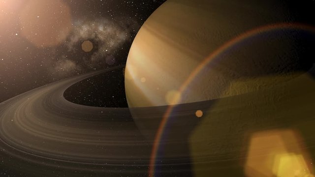 Giant gas planet Saturn and rings CG animation. Realistic 3D rendering of beautiful planet Saturn with rising sun. 