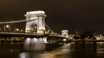 Night photo of The Chain Bridge on Danube river in Budapest Hungary  
