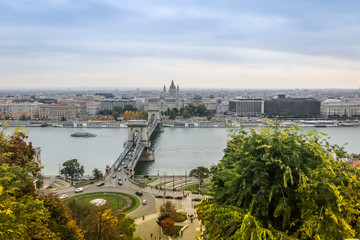Chain bridge Budapest Hungary on Danube river aerial view