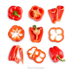 Set of fresh whole and sliced sweet red pepper