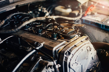 car repair, SUV engine in the garage.