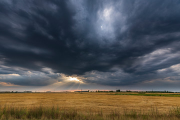 Fototapeta na wymiar Dark storm sky and open agriculture field during sunset. 