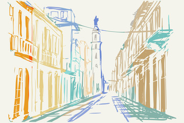Rysynek ręcznie rysowany. Widok starej uliczki w Hawanie na Kubie - obrazy, fototapety, plakaty