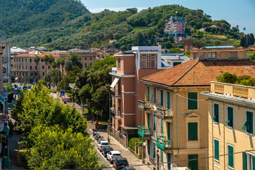 Fototapeta premium Top view of a street with low houses with red tiles. green Street. hill view