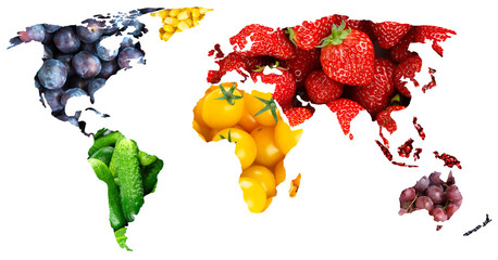 Fruits and vegetables. World map. Fresh food