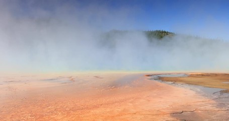 Yellowstone National Park geyser basin steam. Geothermal ecosystem environment. Largest super volcano on the continent. Biology geography and ecology. Millions of tourist.