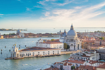 Beautiful views of Santa Maria della Salute and the Venetian lagoon in Venice, Italy