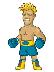 Fototapeta na wymiar Boxer blond ready for battle in blue gloves