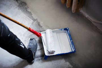 Top view of paint roller in special tray with white dye.