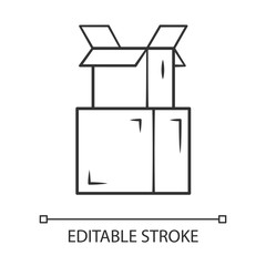 Cardboard boxes pile linear icon. Parcel packing. Empty open carton boxes for wrapping order. Goods storage crates stack. Thin line illustration. Vector isolated outline drawing. Editable stroke
