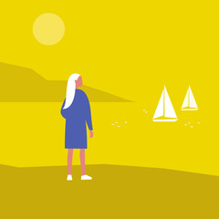Obraz premium Young female character looking at the sea view