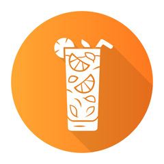 Moxito orange flat design long shadow glyph icon. Mojito cocktail in highball glass slice of citrus and straw. Mixed Refreshing alcohol drink with mint and lemon. Vector silhouette illustration