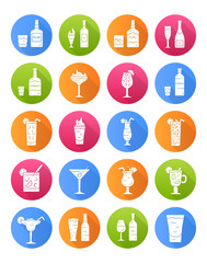 Drinks flat design long shadow glyph icons set. Alcohol menu card. Beverages for cocktails. Whiskey, rum, wine, martini, margarita, absinthe. Spirit containing liquors. Vector silhouette illustration