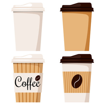 Isolated on white background disposable kraft brown, white paper coffee cup with cap icon set, designed coffee grain.