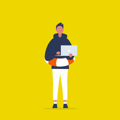Business insurance solutions. Young male character wearing a life buoy. Safety concept. Flat editable vector illustration, clip art