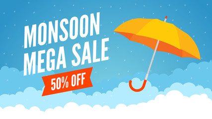 Monsoon sale offer rain season background. Rainy monsoon promotion poster template - obrazy, fototapety, plakaty