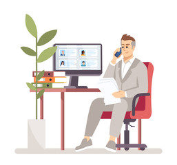 HR manager searching vacancy candidate flat vector illustration. Employment service. Employer choosing worker. Recruiter calls applicant isolated cartoon character on white background
