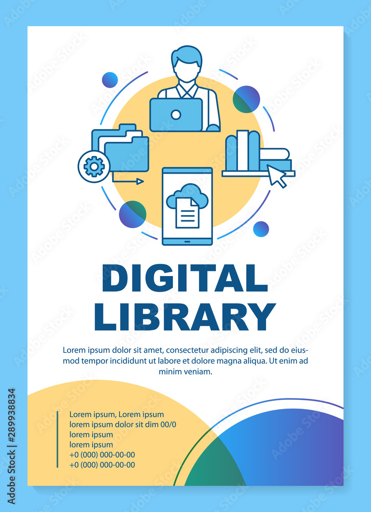 Poster digital library poster template layout. banner, booklet, leaflet print design with linear icons. onl
