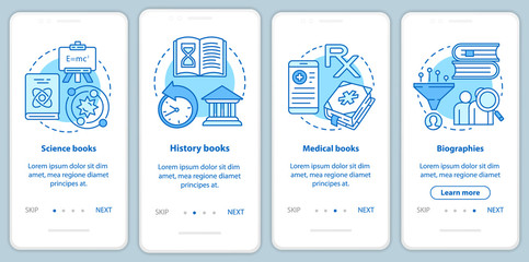 Books catalogue onboarding mobile app page screen with linear concepts. Different book genres walkthrough steps graphic instructions. UX, UI, GUI vector template with illustrations