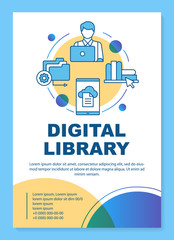 Digital library poster template layout. Banner, booklet, leaflet print design with linear icons. Online e-library. Web app for reading. Vector brochure page layouts for magazines, advertising flyers
