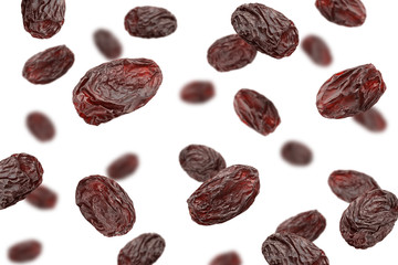 Falling raisin isolated on white background, clipping path, selective focus