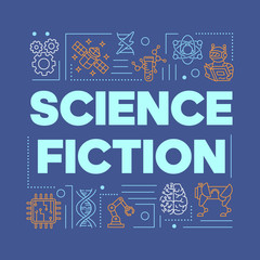 Science fiction word concepts banner. Presentation, website. Futuristic scientific technologies. Isolated lettering typography idea with linear icons on blue. Vector outline illustration