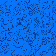 Sea animals vector seamless pattern. Marine habitants background. Blue texture, linear icons. Aqua fauna. Fish, octopus and turtle. Ocean creatures wrapping paper, wallpaper design