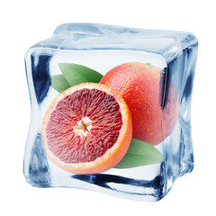 red blood orange in ice cube, isolated on white background, clipping path, full depth of field