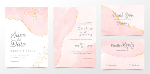 Rose gold wedding invitation cards template set. Artistic watercolor background of pink brush stroke splash. Abstract foil design