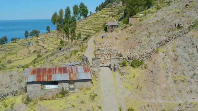 Traditional old houses of local people living in Taquile Island, Titicaca Lake, Peru