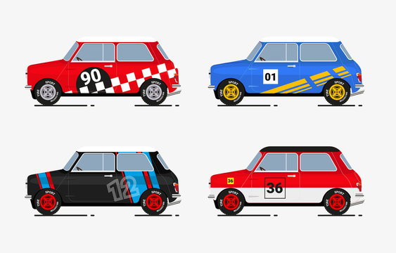 Set of vintage rally cars. Flat style vector illustration.