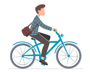 Office worker is riding on bike. Vector illustration.