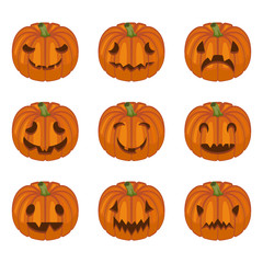 Halloween pumpkin faces. Pumpkin characters. Sad, creepy, angry, funny faces. Vector set in cartoon style.