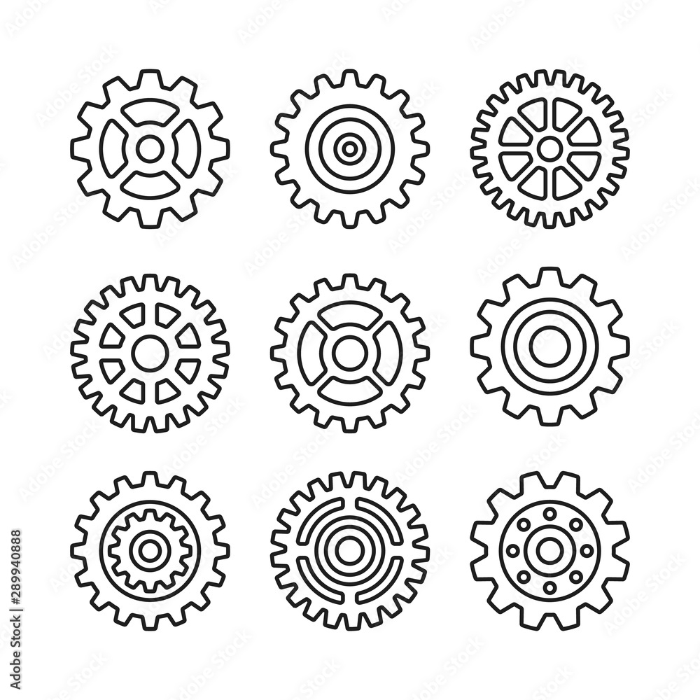 Poster gears set. cogs, cogwheels. simple thin line design. vector icons