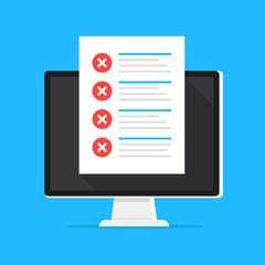 Document with cross marks on computer screen. Bad test results, failure, failed exam, quiz concepts. Flat design. Vector illustration