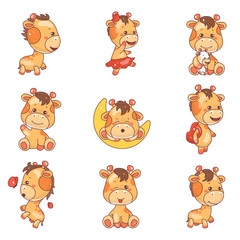 Cute giraffe kawaii cartoon vector characters set. Adorable and funny animal playing isolated stickers, patches, kids book illustrations collection. Anime happy baby giraffe emoji on white background