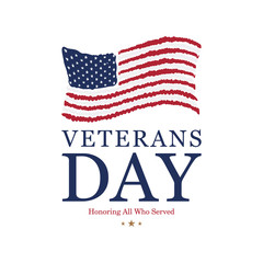 Veterans Day. Honoring all who served. Emblem with USA flag on white background. National American holiday event. Flat vector illustration EPS10