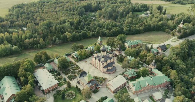 Aerial view of  a small Orthodox Christian church was built in P&uuml;htitsa.  P&uuml;htitsa Convent is a Russian Orthodox convent in Eastern Estonia between Lake Peipus and the Gulf of Finland.