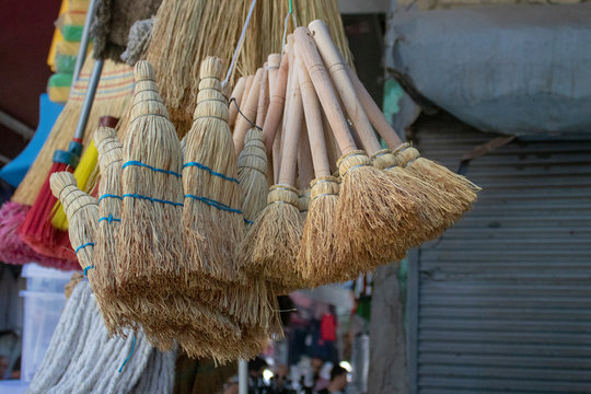 Handmade Broom In Front Of The Store Selling Cleaning Products. Other Cleaning Products