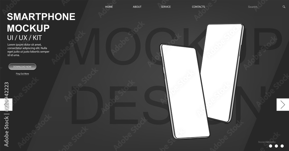 Aufkleber Dark webpage and smartphone mockups in isometric position.Mobile phones in 3d realistic style. UI,UX,KIT design template for template for advertising or page to the site, presentation. Vector image