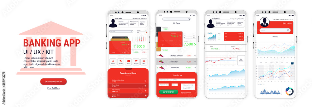 Poster Banking App UI, UX, Kit mockups screens for mobile banking or website with different GUI. Red modern interface in four thoughtful screens. (Card management, Money transfers, Payment and statistic)