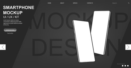 Dark webpage and smartphone mockups in isometric position.Mobile phones in 3d realistic style. UI,UX,KIT design template for template for advertising or page to the site, presentation. Vector image