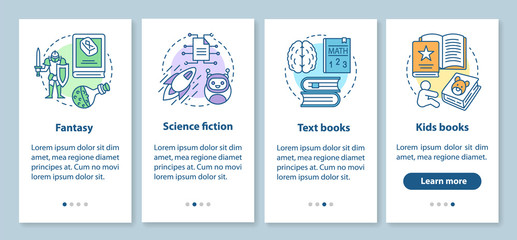 Books catalogue onboarding mobile app page screen with linear concepts. Fantasy, science fiction, kids books walkthrough steps graphic instructions. UX, UI, GUI vector template with illustrations © IMG visuals icons