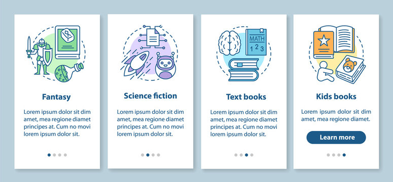 Books catalogue onboarding mobile app page screen with linear concepts. Fantasy, science fiction, kids books walkthrough steps graphic instructions. UX, UI, GUI vector template with illustrations