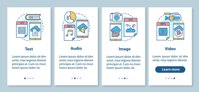 Digital library content onboarding mobile app page screen with linear concepts. Audio, image, video media types 4 walkthrough steps graphic instructions. UX, UI, GUI vector template with illustrations