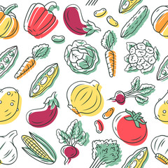 Vegetables vector seamless pattern. Veggies background. Healthy eating. White texture, hand drawn color icons. Dietary nutrition. Tomato, eggplant. Vegetarian food wrapping paper, wallpaper design