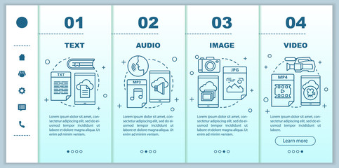 Digital library onboarding mobile web pages vector template. Media types. Responsive smartphone website interface idea with linear illustrations. Webpage walkthrough step screens. Color concept