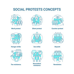 Social protests concept icons set. Public demonstrations, civil disobedience idea thin line illustrations. Political opposition, strikes and boycotts vector isolated outline drawings. Editable stroke