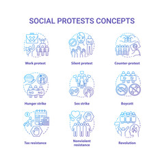 Social protests concept icons set. Public demonstrations, civil disobedience idea thin line illustrations. Political resistance and strikes vector isolated outline drawings. Government manifestation